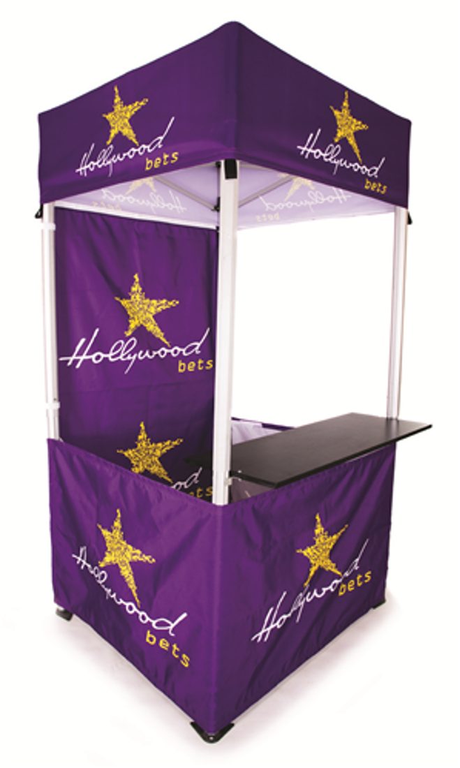 A printed kiosk set up to serve