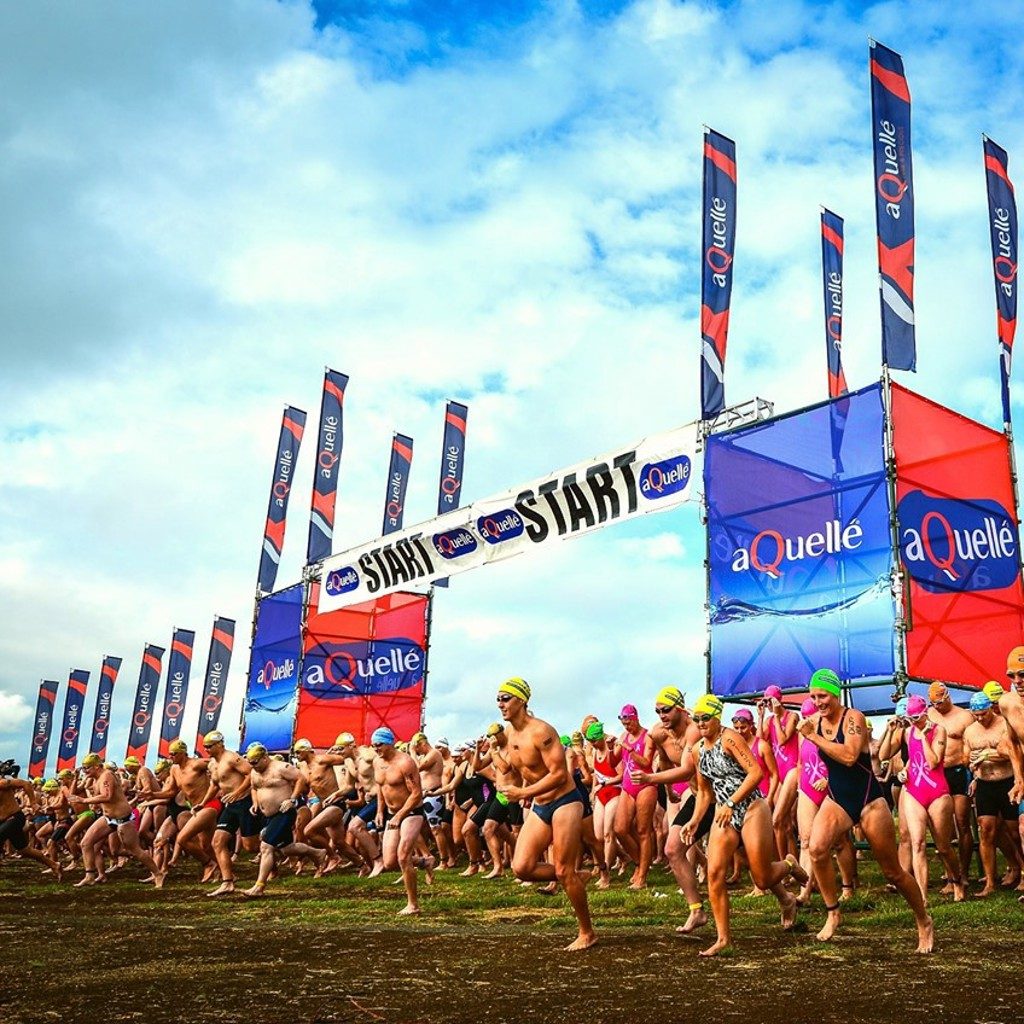 Printed flags lining the start of a race